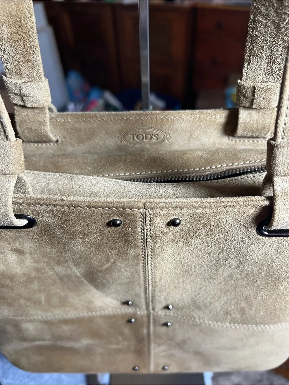 Tod's Tan Suede Tote Bag with Stud Detail - Picture 2 of 4